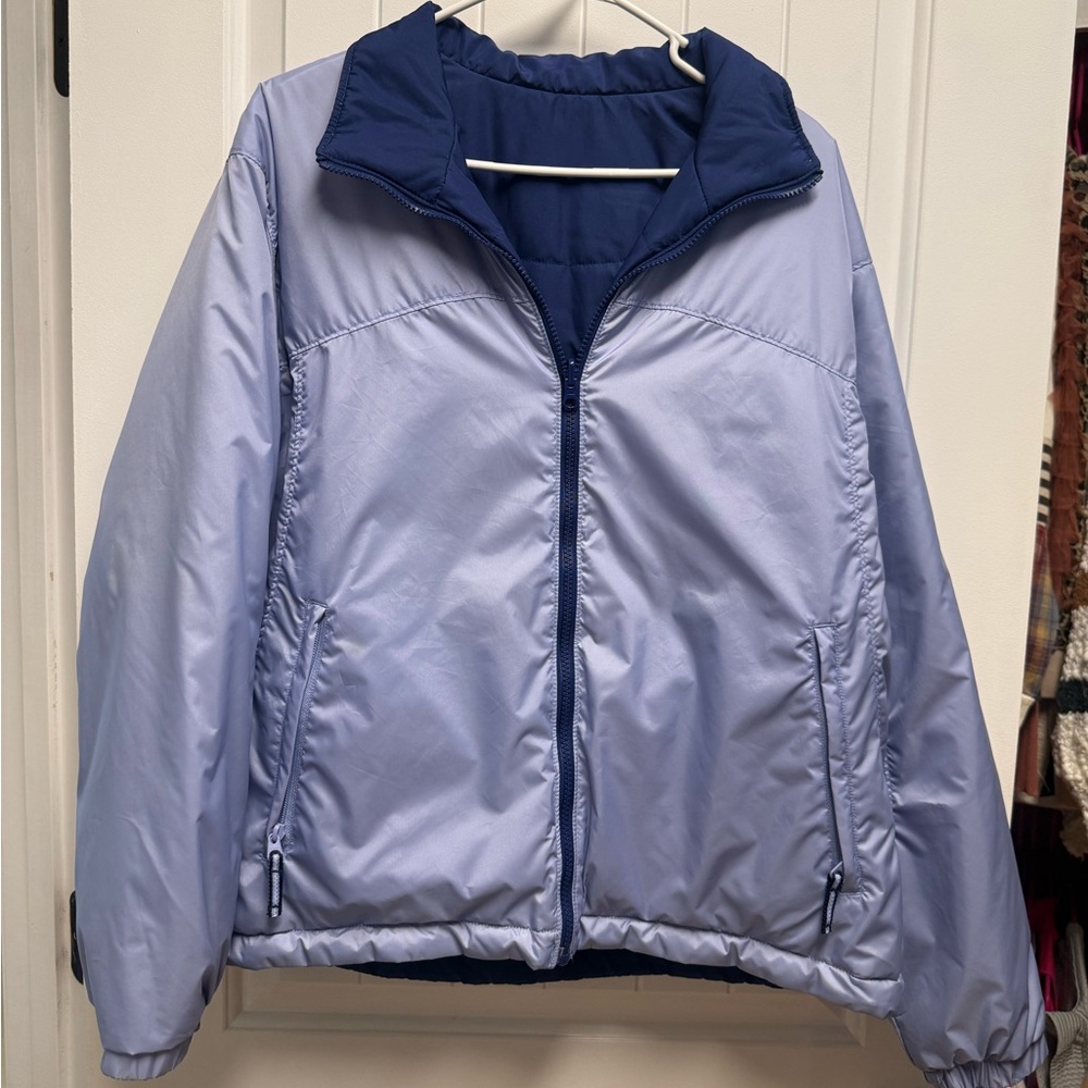 Columbia Jacket Women Med. Blue Purple Reversible Quilted Puffer Radial Sleeve